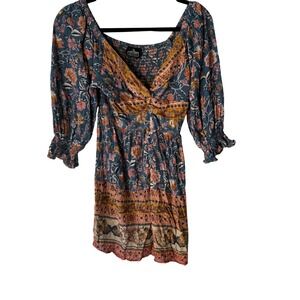 ANGIE Boho Floral Smocked Square Neck Mini Dress Women's M Milkmaid Boho Peasant
